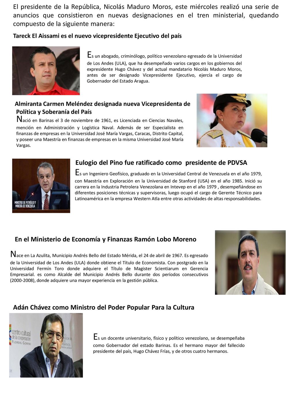 El presidente de la República, Nicolás Maduro Moros, este miércoles realizó una serie de anuncios que consistieron en nuevas designaciones en el tren ministerial, quedando compuesto de la siguiente manera: