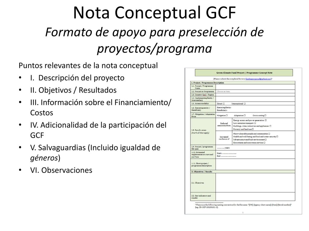 Nota Conceptual GCF Formato de apoyo para preselección de proyectos/programa