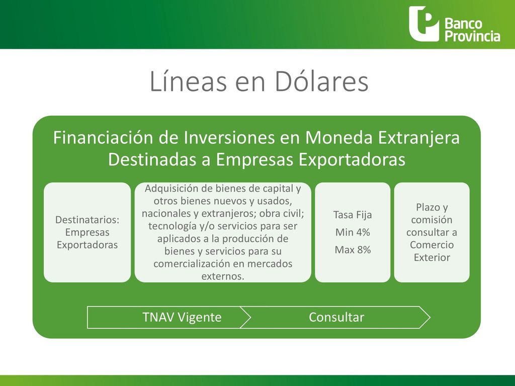 Líneas en Dólares Financiación de Inversiones en Moneda Extranjera Destinadas a Empresas Exportadoras.