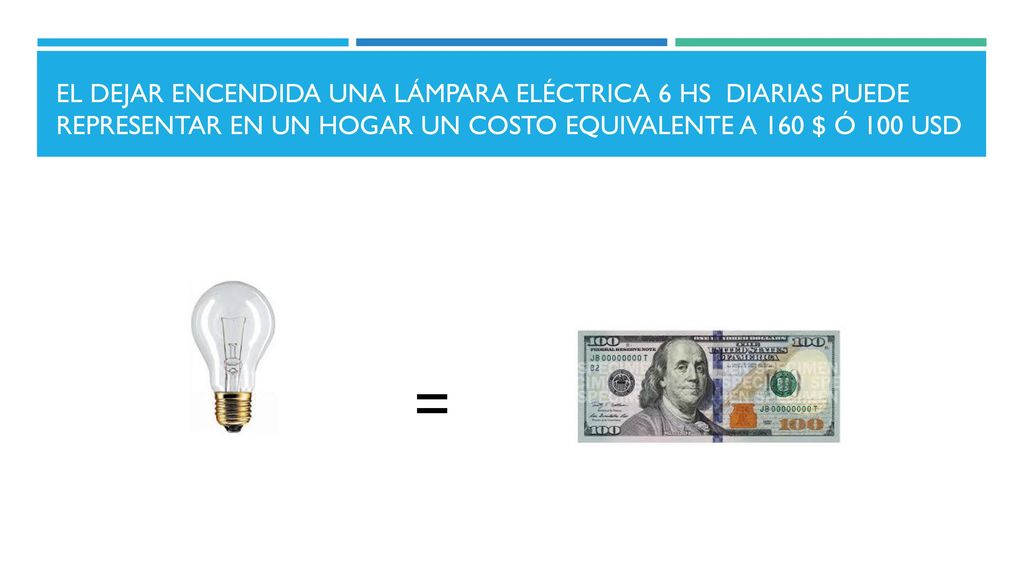 El dejar encendida una lámpara eléctrica 6 hs diarias puede representar en un hogar un costo equivalente a 160 $ ó 100 usd