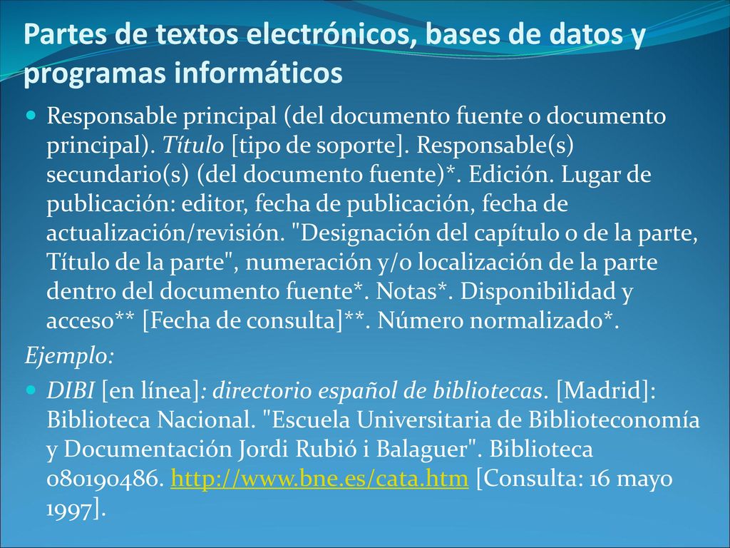 Partes de textos electrónicos, bases de datos y programas informáticos