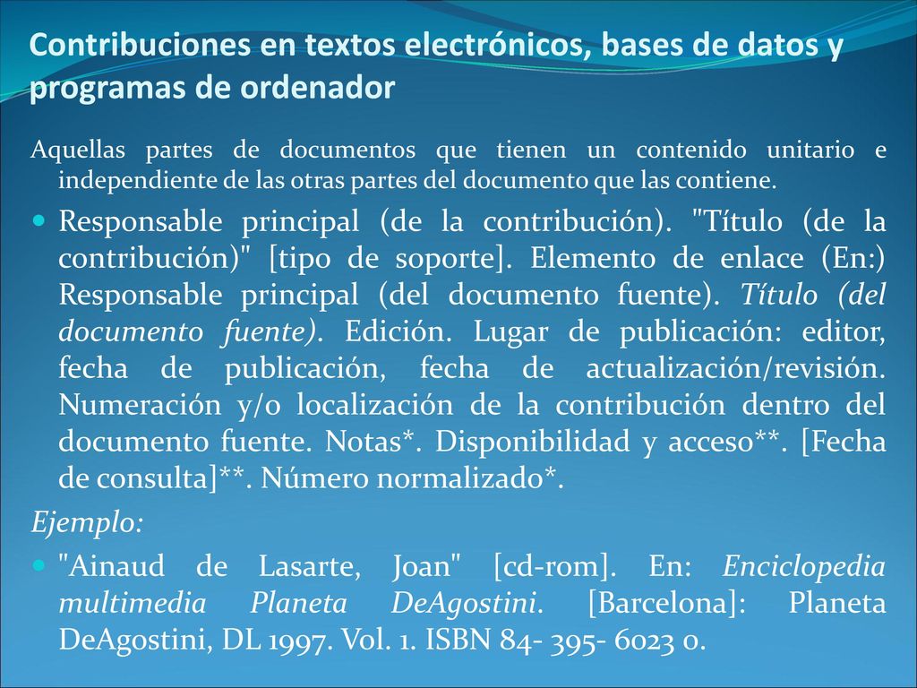 Contribuciones en textos electrónicos, bases de datos y programas de ordenador