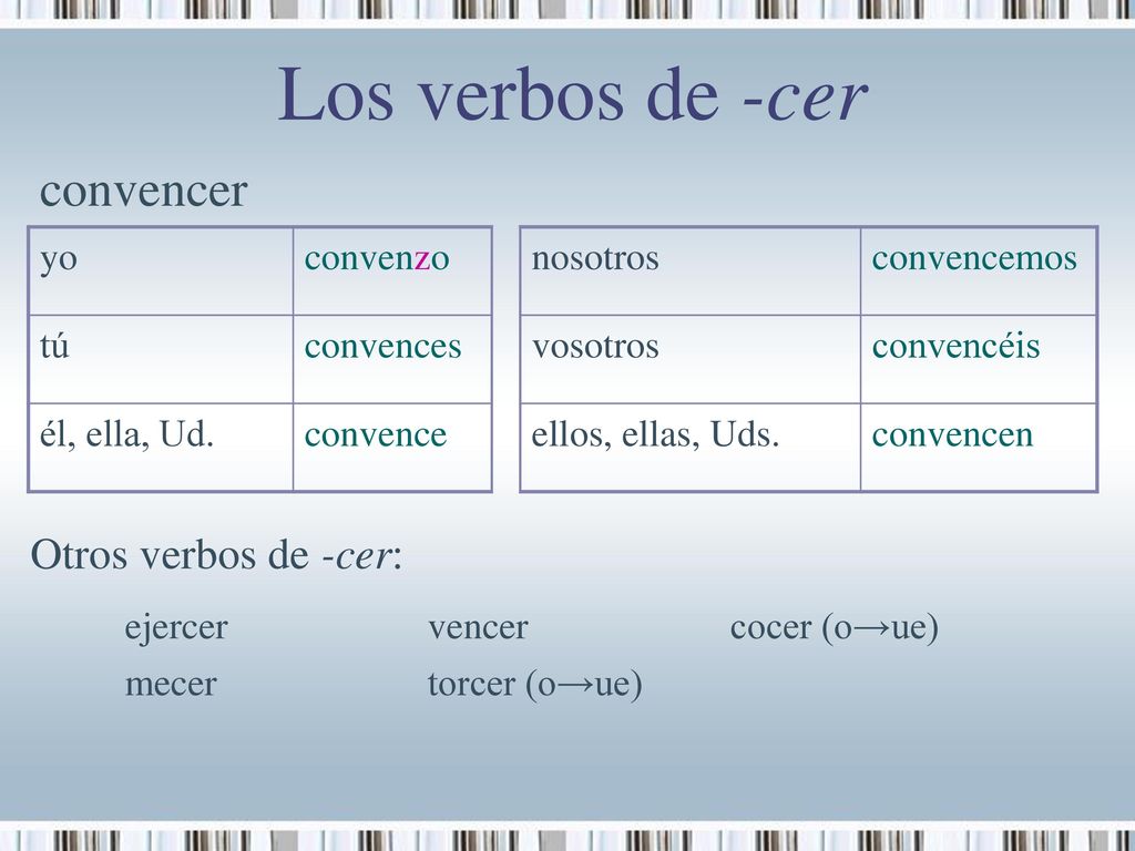 Los verbos de -cer convencer Otros verbos de -cer: yo convenzo