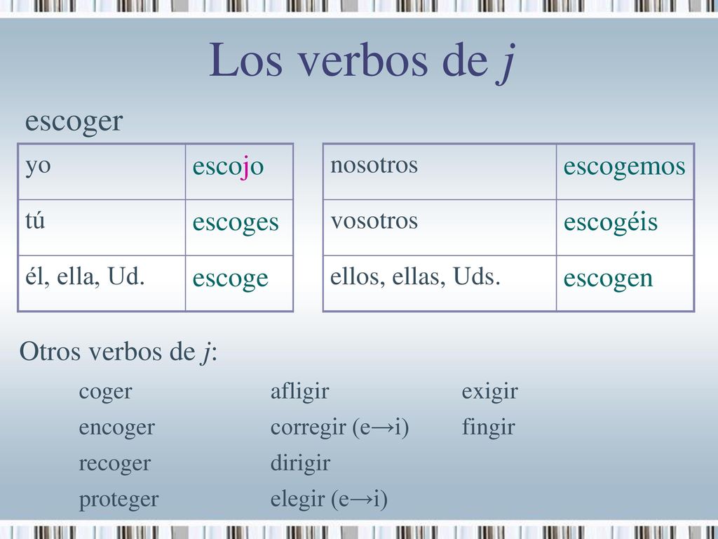 Los verbos de j escoger escojo escogemos escoges escogéis escoge