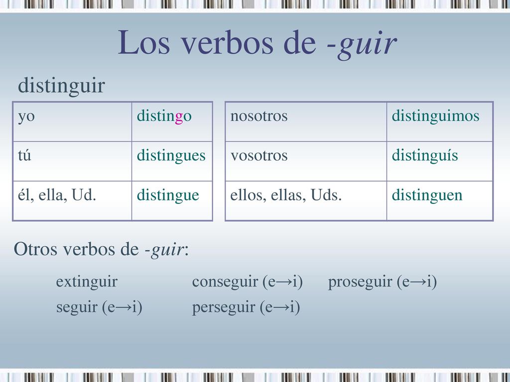 Los verbos de -guir distinguir Otros verbos de -guir: yo distingo