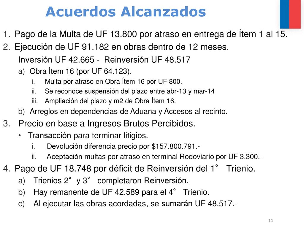 Acuerdos Alcanzados Pago de la Multa de UF por atraso en entrega de Ítem 1 al 15. Ejecución de UF en obras dentro de 12 meses.