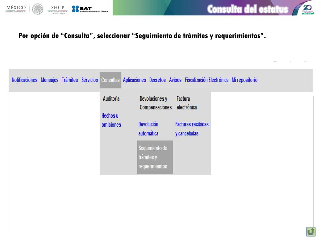 Consulta del estatus Por opción de Consulta , seleccionar Seguimiento de trámites y requerimientos .
