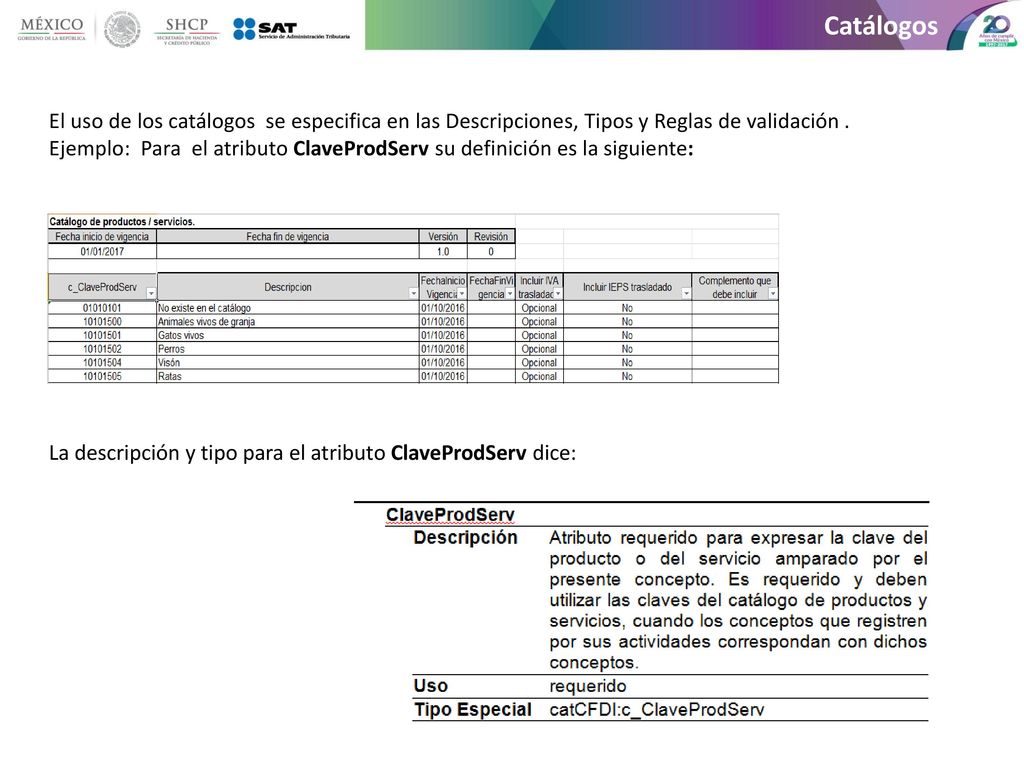 Catálogos El uso de los catálogos se especifica en las Descripciones, Tipos y Reglas de validación .