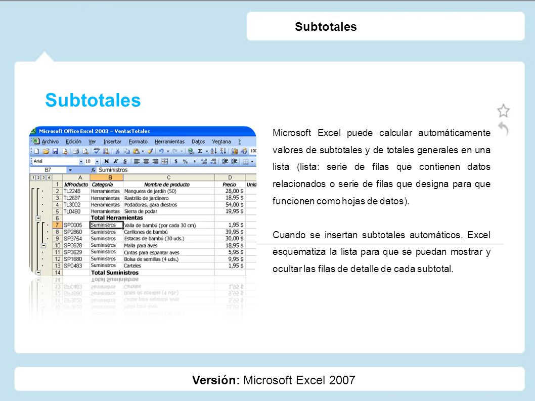 Subtotales Subtotales Versión: Microsoft Excel 2007