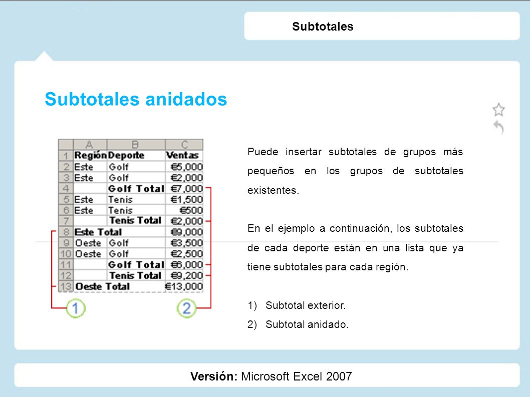 Subtotales anidados Subtotales Versión: Microsoft Excel 2007