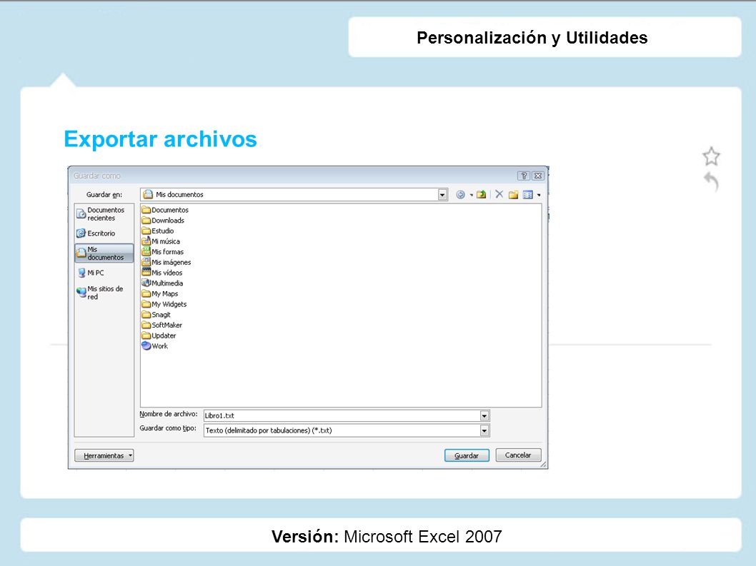 Exportar archivos Personalización y Utilidades