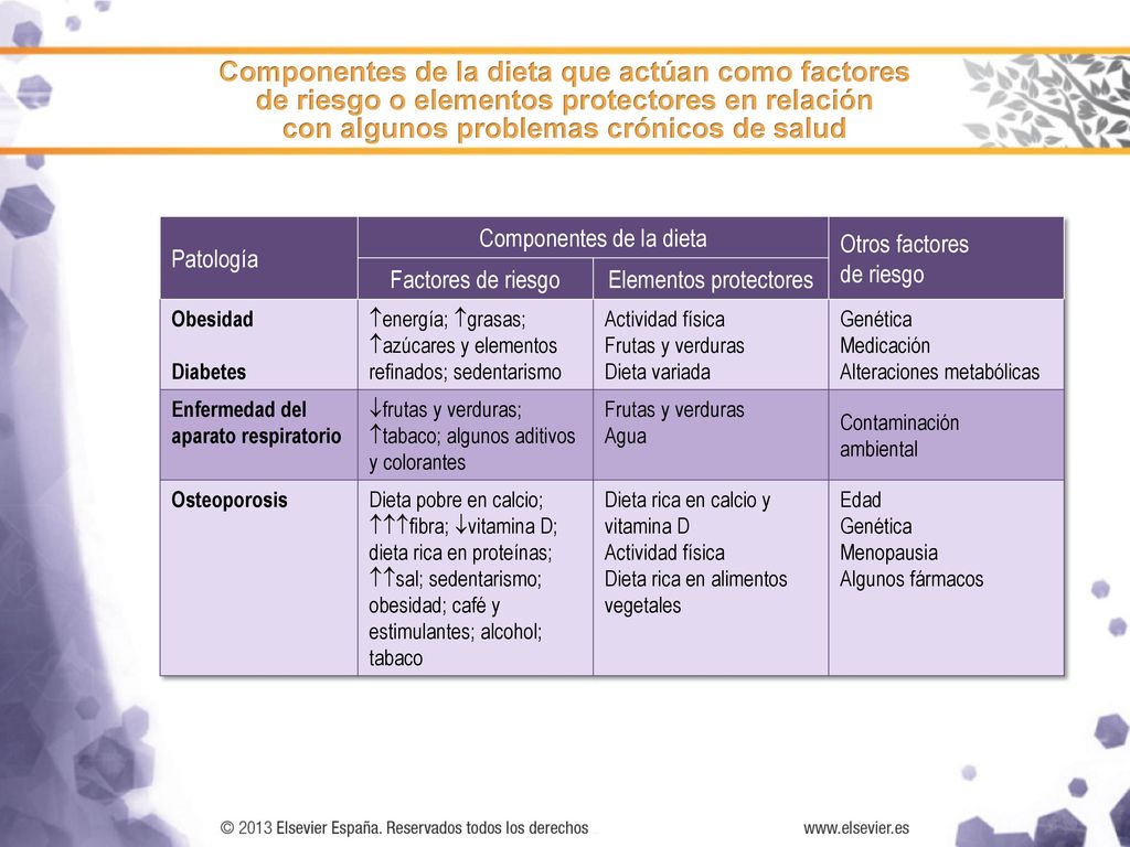 Componentes de la dieta que actúan como factores de riesgo o elementos protectores en relación con algunos problemas crónicos de salud