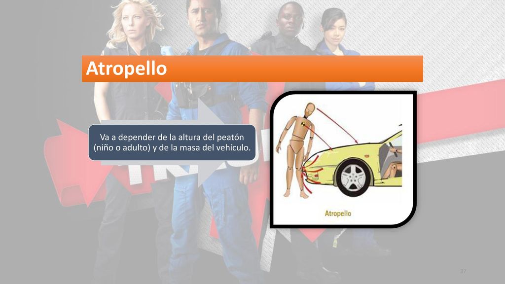Atropello Va a depender de la altura del peatón (niño o adulto) y de la masa del vehículo.