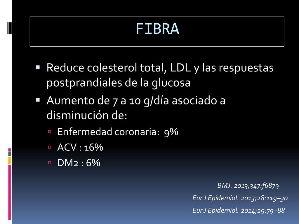 FIBRA Reduce colesterol total, LDL y las respuestas postprandiales de la glucosa. Aumento de 7 a 10 g/día asociado a disminución de: