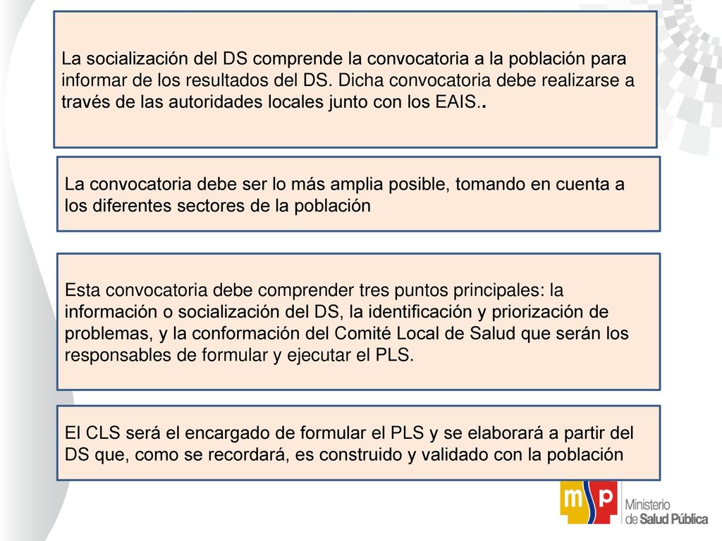 La socialización del DS comprende la convocatoria a la población para informar de los resultados del DS. Dicha convocatoria debe realizarse a través de las autoridades locales junto con los EAIS..
