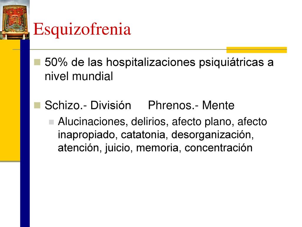 Esquizofrenia 50% de las hospitalizaciones psiquiátricas a nivel mundial. Schizo.- División Phrenos.- Mente.
