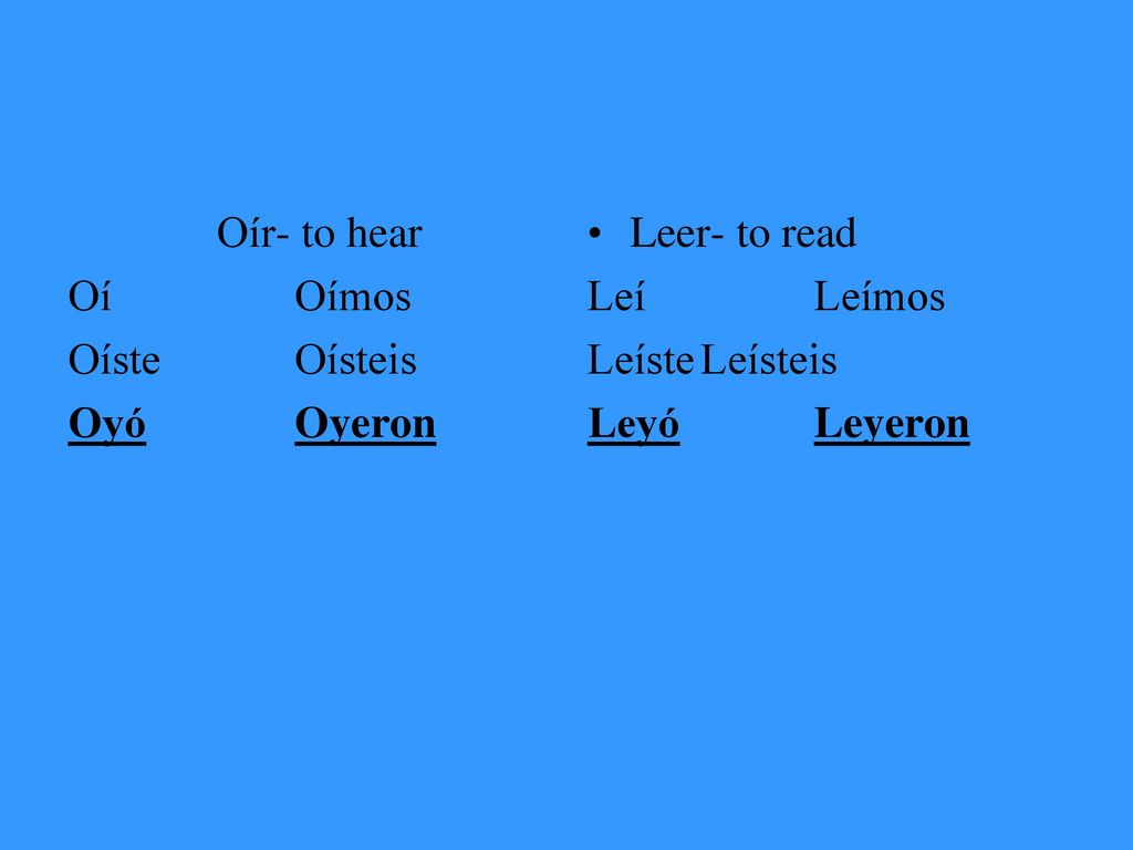 Oír- to hear Oí Oímos. Oíste Oísteis. Oyó Oyeron. Leer- to read. Leí Leímos. Leíste Leísteis.