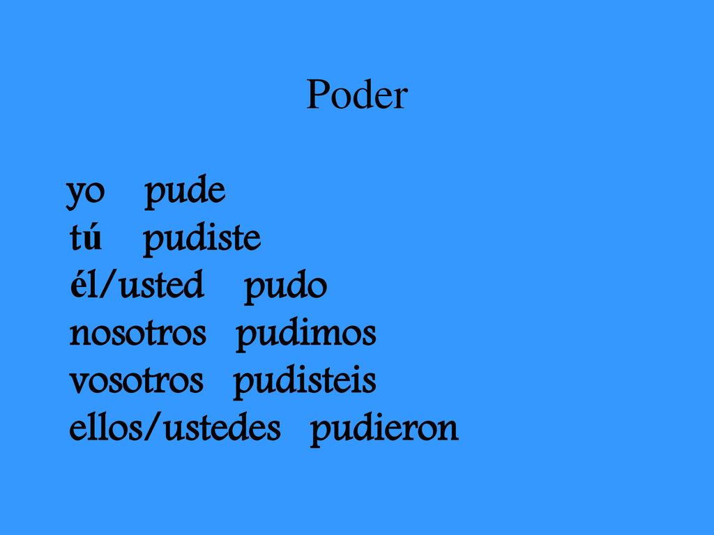 Poder yo pude tú pudiste él/usted pudo nosotros pudimos vosotros pudisteis ellos/ustedes pudieron.