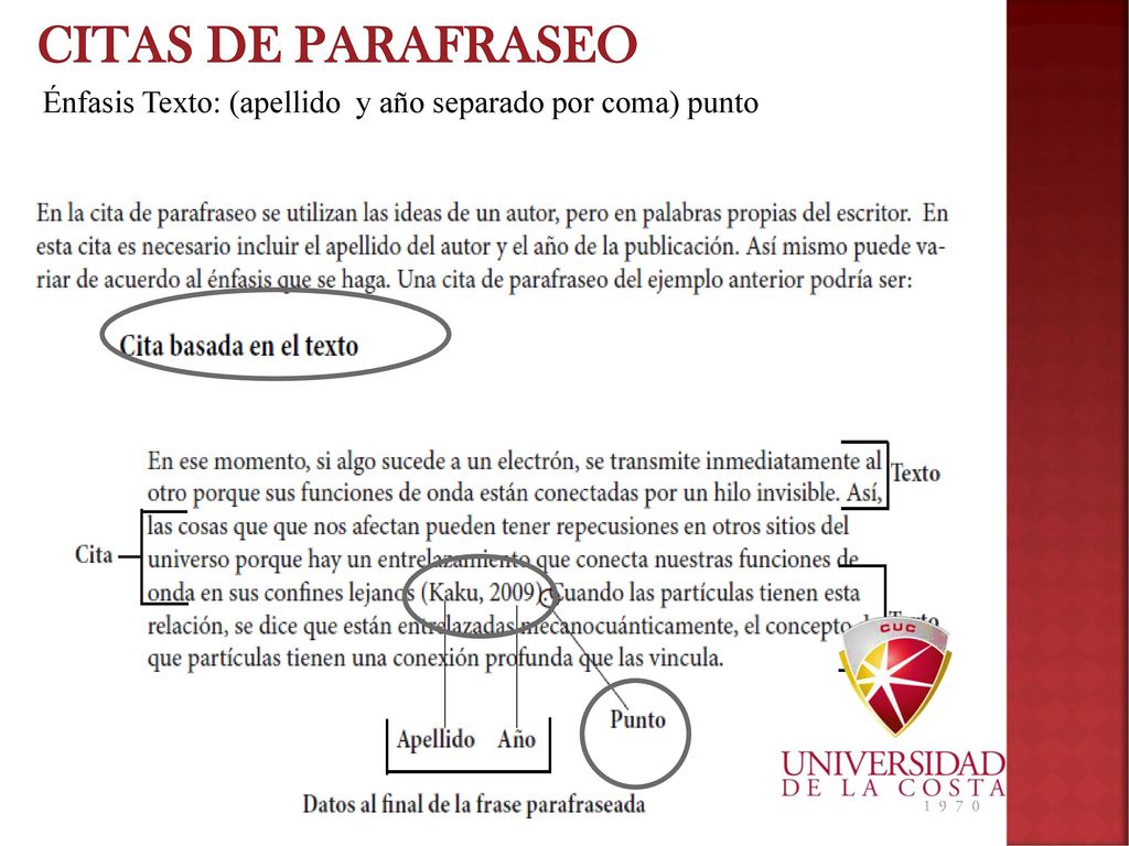 CITAS DE PARAFRASEO Énfasis Texto: (apellido y año separado por coma) punto
