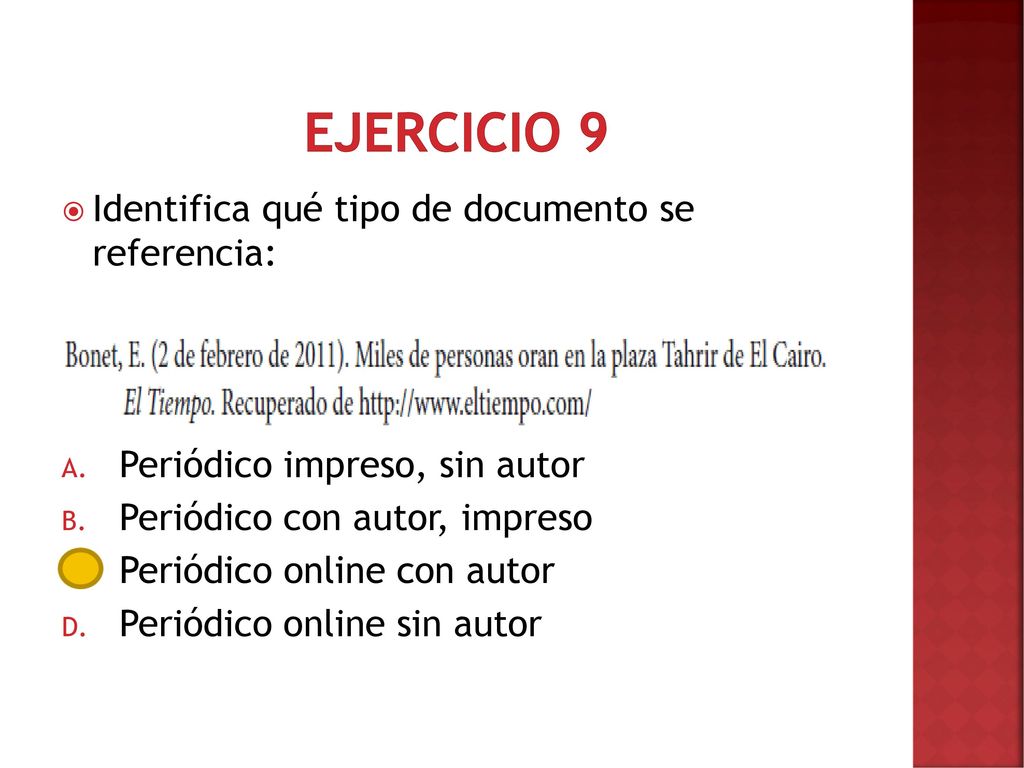Ejercicio 9 Identifica qué tipo de documento se referencia: