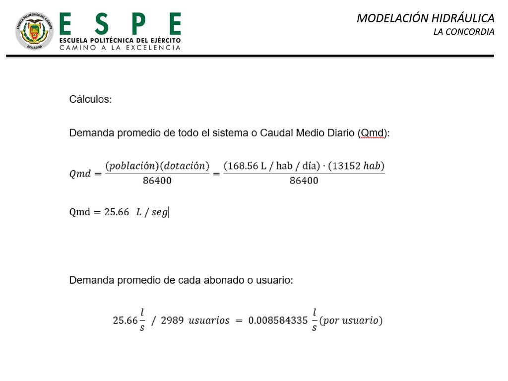 El valor obtenido de litros / segundo es la demanda unitaria por cada abonado que es multiplicado por el número de usuarios de cada nodo de demanda.