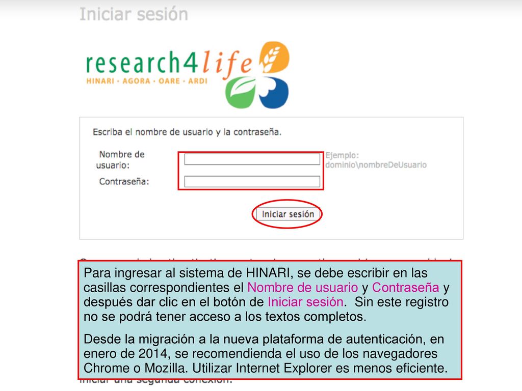 Para ingresar al sistema de HINARI, se debe escribir en las casillas correspondientes el Nombre de usuario y Contraseña y después dar clic en el botón de Iniciar sesión. Sin este registro no se podrá tener acceso a los textos completos.