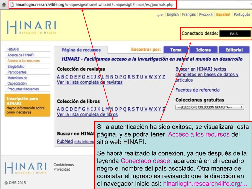 Si la autenticación ha sido exitosa, se visualizará esta página, y se podrá tener Acceso a los recursos del sitio web HINARI.