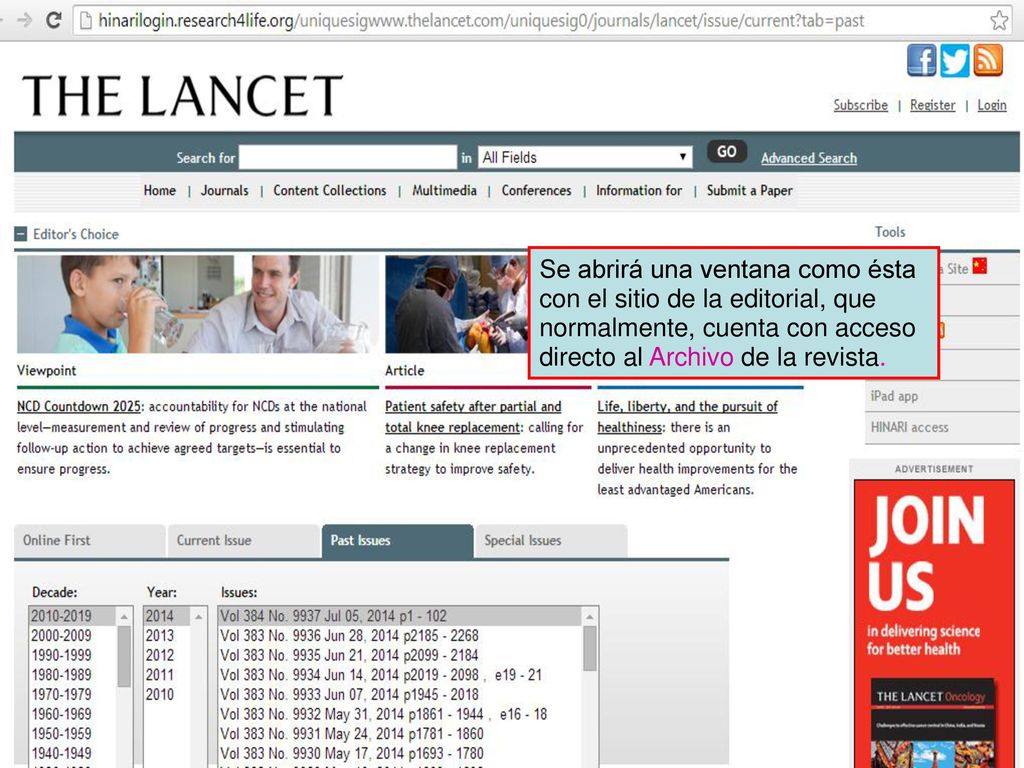 Se abrirá una ventana como ésta con el sitio de la editorial, que normalmente, cuenta con acceso directo al Archivo de la revista.