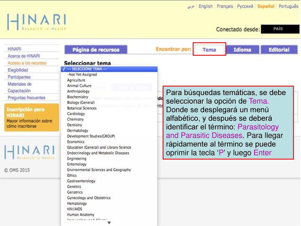 Para búsquedas temáticas, se debe seleccionar la opción de Tema