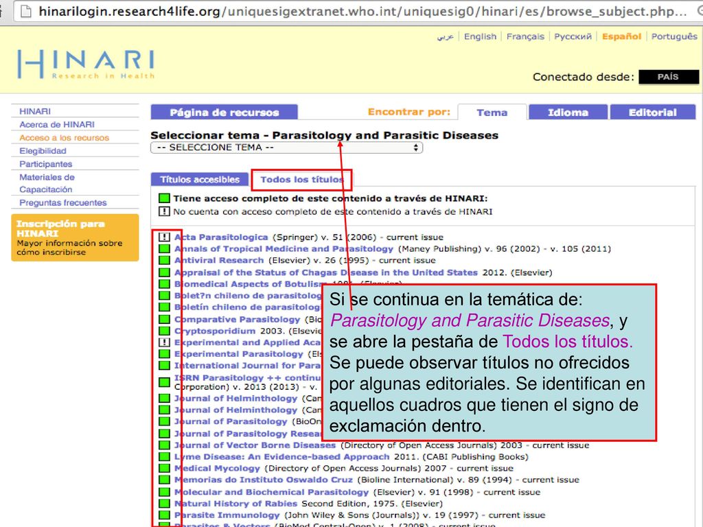 Si se continua en la temática de: Parasitology and Parasitic Diseases, y se abre la pestaña de Todos los títulos.