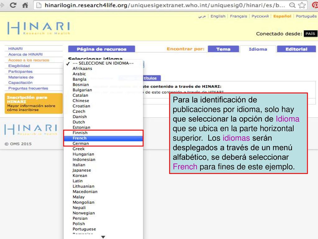 Para la identificación de publicaciones por idioma, solo hay que seleccionar la opción de Idioma que se ubica en la parte horizontal superior.
