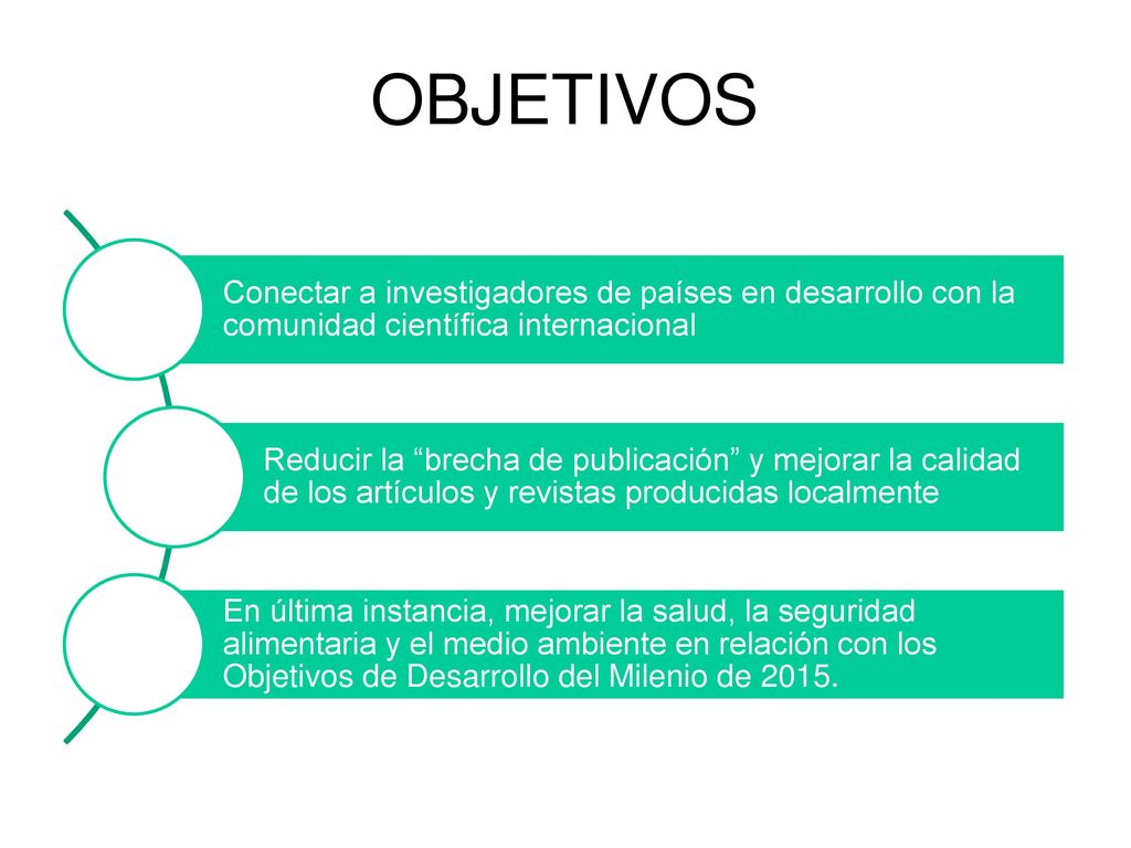 OBJETIVOS Conectar a investigadores de países en desarrollo con la comunidad científica internacional.