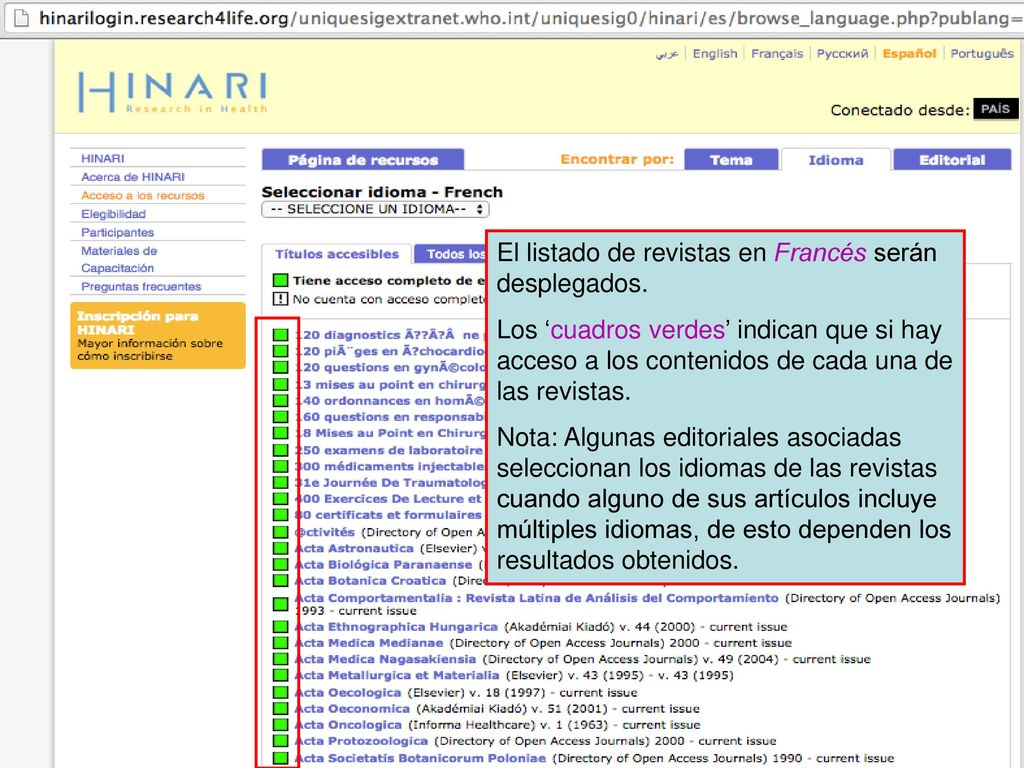 El listado de revistas en Francés serán desplegados.