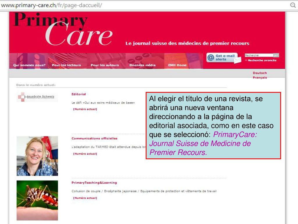 Al elegir el título de una revista, se abrirá una nueva ventana direccionando a la página de la editorial asociada, como en este caso que se seleccionó: PrimaryCare: Journal Suisse de Medicine de Premier Recours.