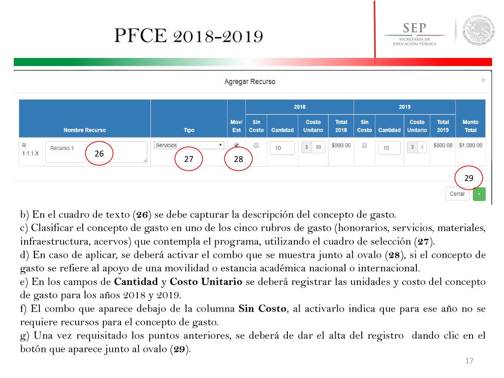 PFCE b) En el cuadro de texto (26) se debe capturar la descripción del concepto de gasto.