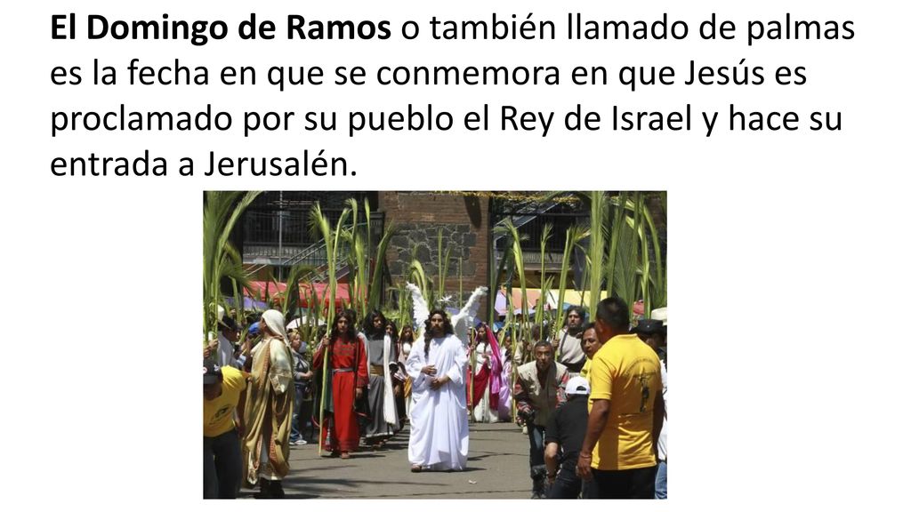 El Domingo de Ramos o también llamado de palmas es la fecha en que se conmemora en que Jesús es proclamado por su pueblo el Rey de Israel y hace su entrada a Jerusalén.