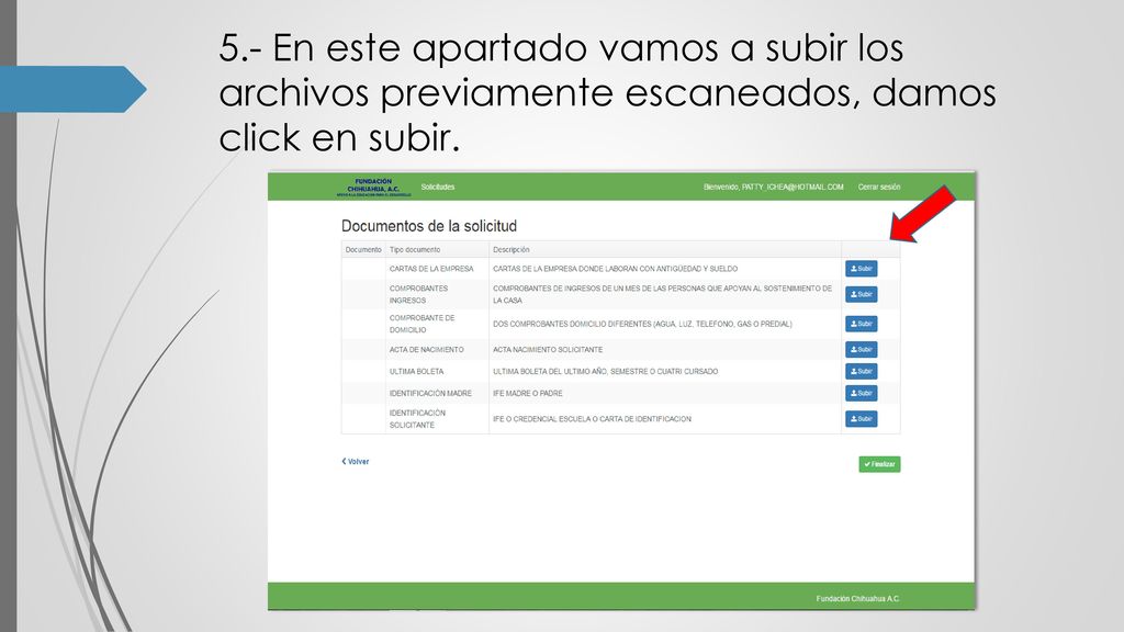 5.- En este apartado vamos a subir los archivos previamente escaneados, damos click en subir.