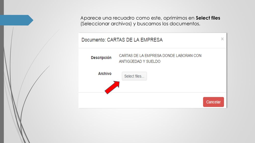 Aparece una recuadro como este, oprimimos en Select files (Seleccionar archivos) y buscamos los documentos.