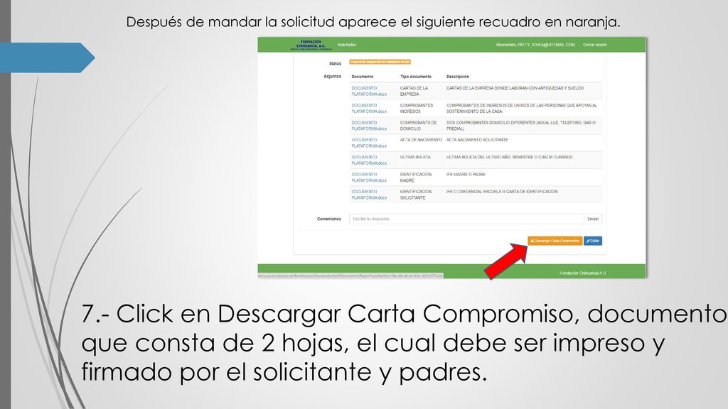 Después de mandar la solicitud aparece el siguiente recuadro en naranja.