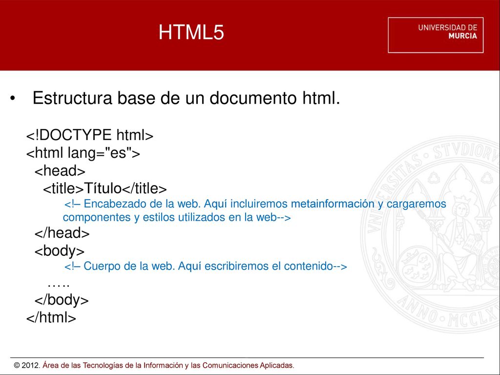 HTML5 Estructura base de un documento html. <!DOCTYPE html>