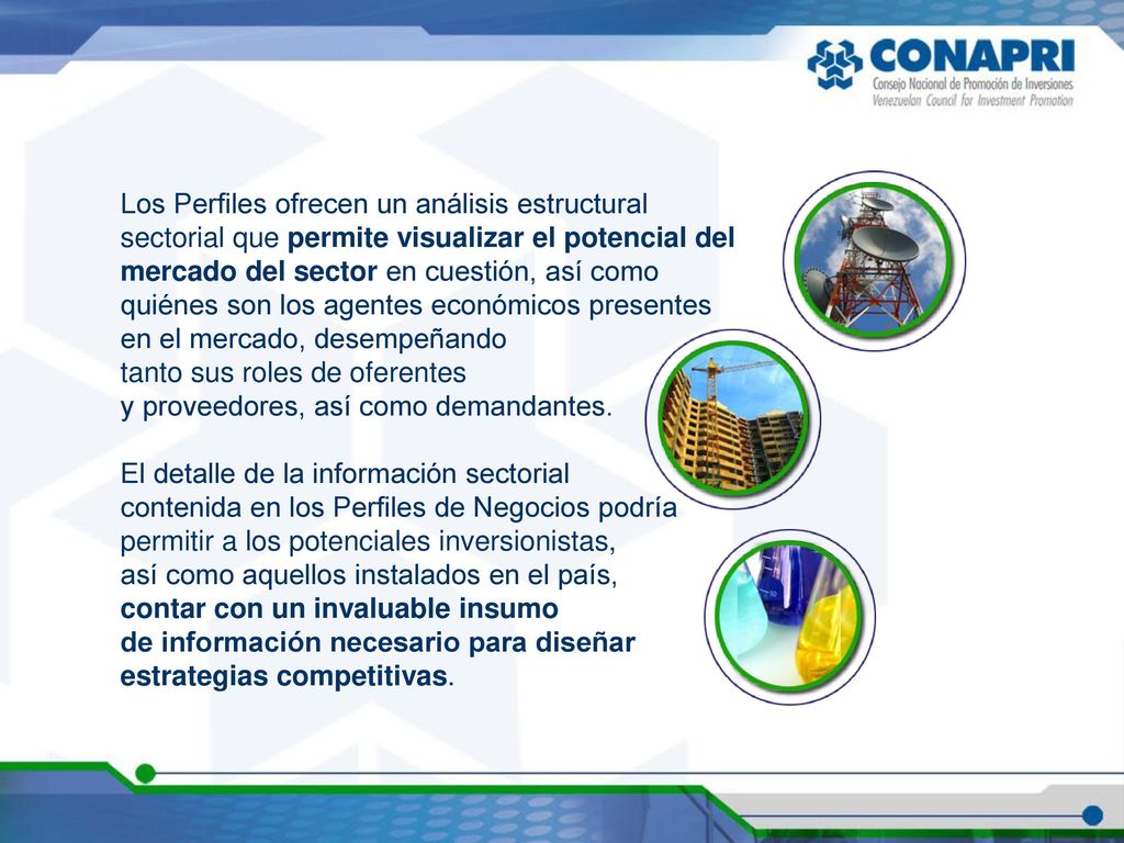 Los Perfiles ofrecen un análisis estructural sectorial que permite visualizar el potencial del mercado del sector en cuestión, así como quiénes son los agentes económicos presentes en el mercado, desempeñando
