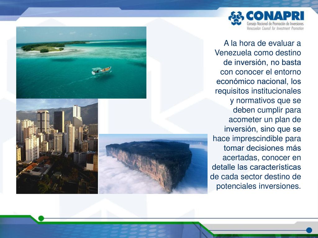 A la hora de evaluar a Venezuela como destino de inversión, no basta con conocer el entorno económico nacional, los requisitos institucionales y normativos que se deben cumplir para acometer un plan de inversión, sino que se hace imprescindible para tomar decisiones más acertadas, conocer en detalle las características de cada sector destino de potenciales inversiones.
