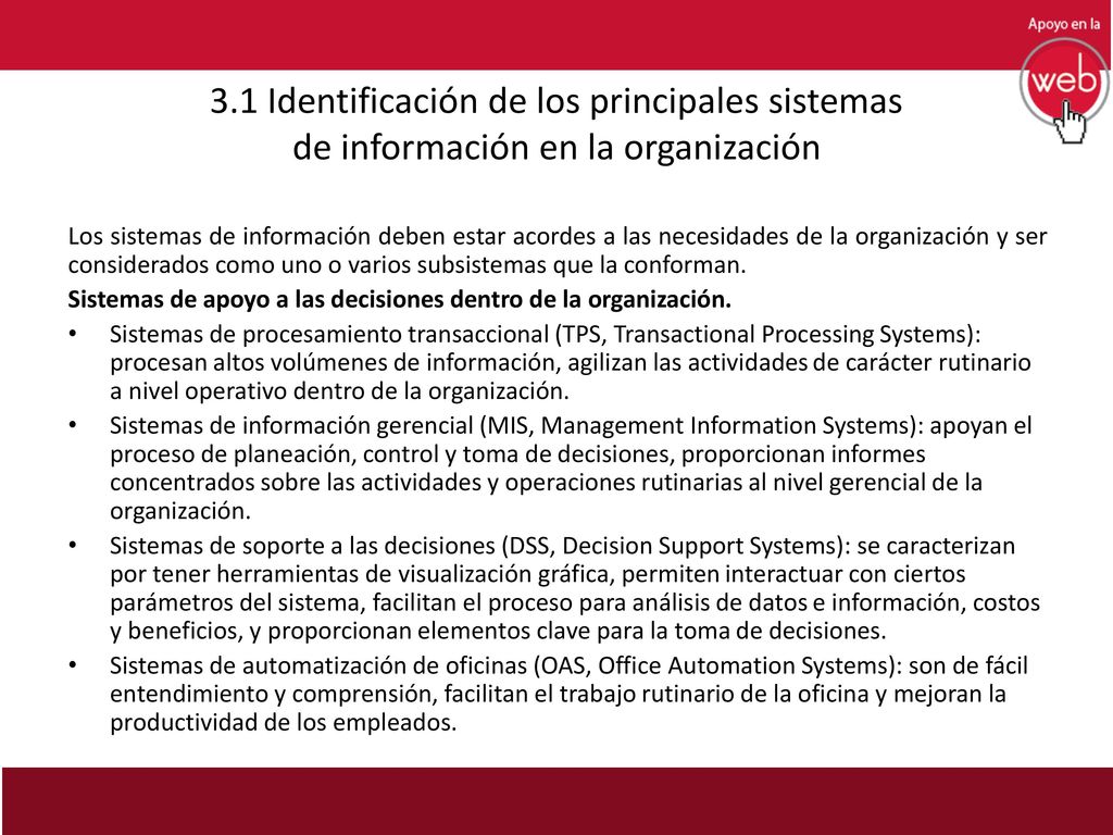 3.1 Identificación de los principales sistemas de información en la organización
