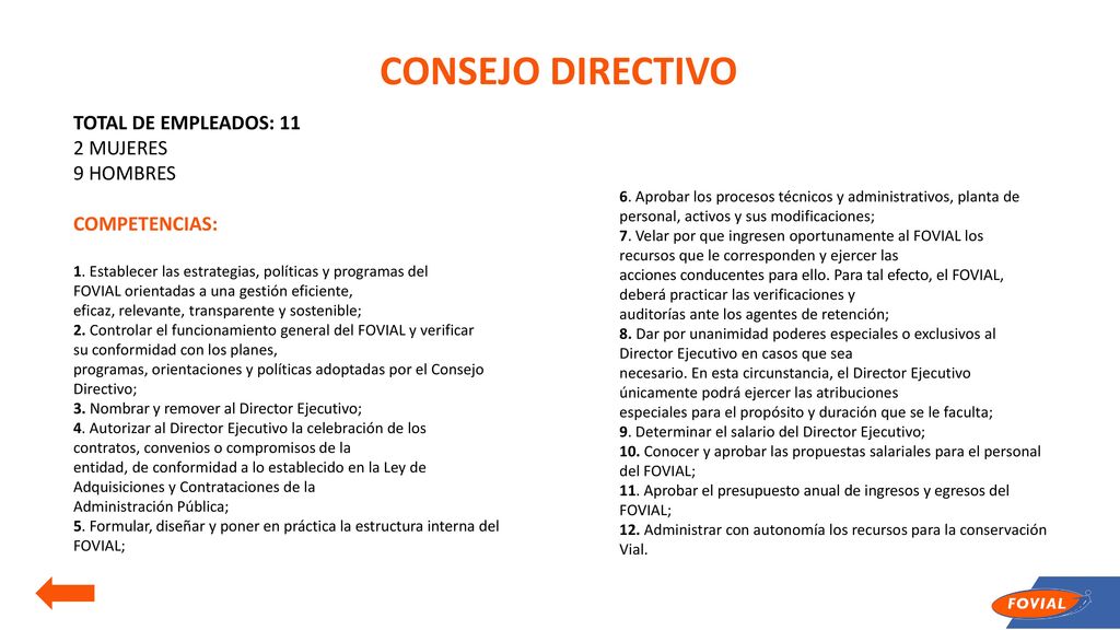 CONSEJO DIRECTIVO TOTAL DE EMPLEADOS: 11 2 MUJERES 9 HOMBRES