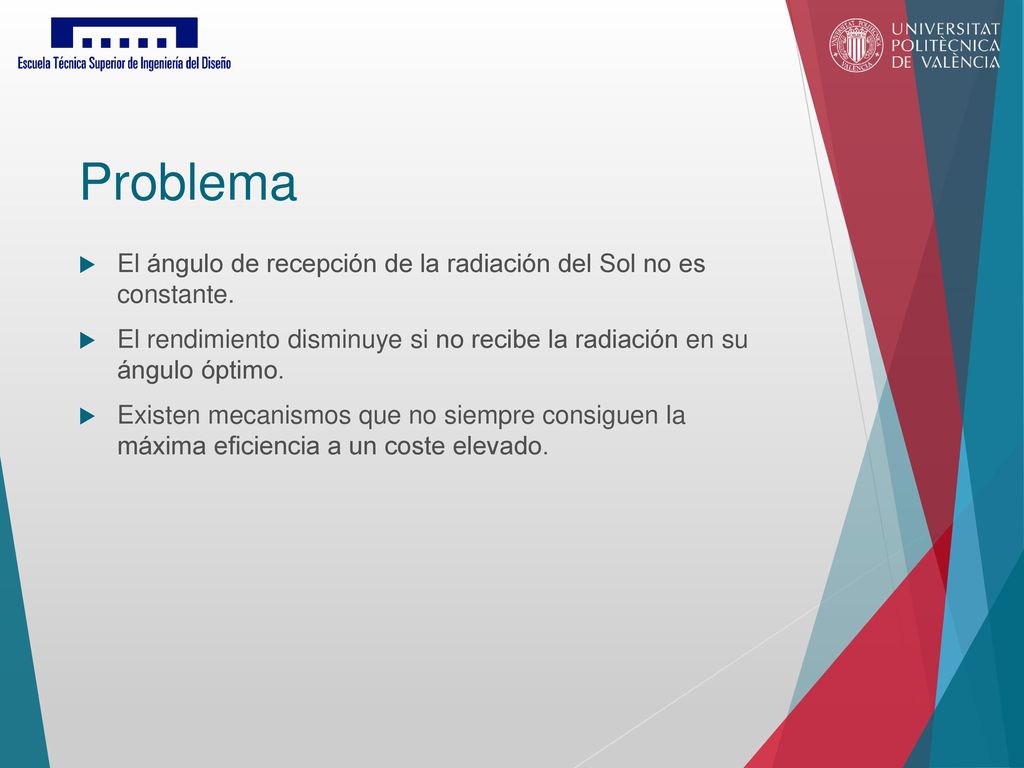 Problema El ángulo de recepción de la radiación del Sol no es constante. El rendimiento disminuye si no recibe la radiación en su ángulo óptimo.