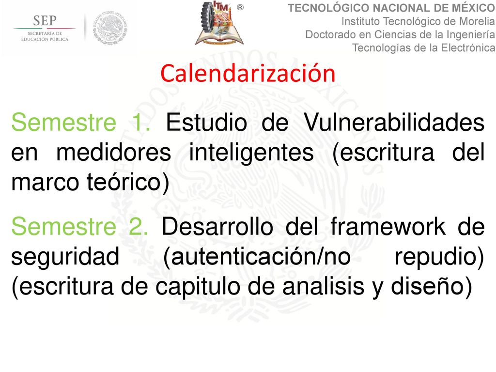 Calendarización Semestre 1. Estudio de Vulnerabilidades en medidores inteligentes (escritura del marco teórico)