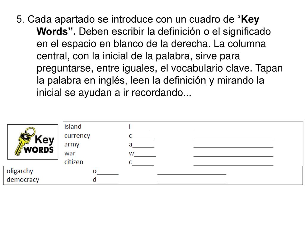 5. Cada apartado se introduce con un cuadro de Key Words