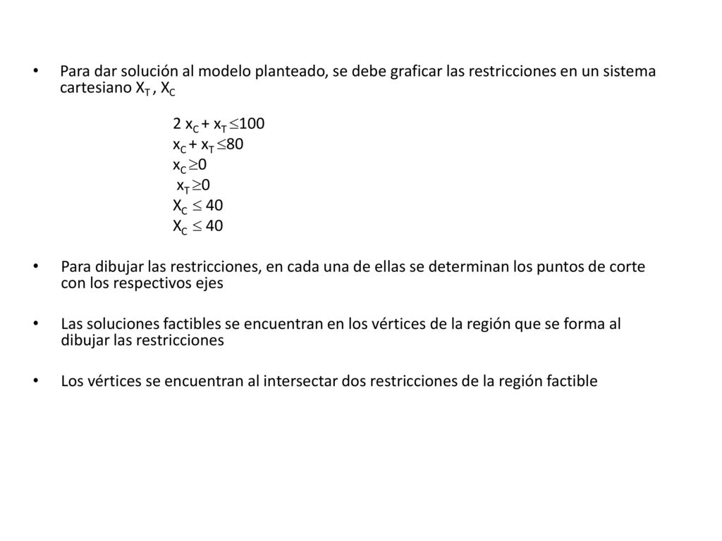 Para dar solución al modelo planteado, se debe graficar las restricciones en un sistema cartesiano XT , XC