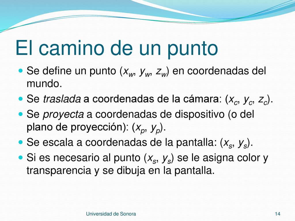 El camino de un punto Se define un punto (xw, yw, zw) en coordenadas del mundo. Se traslada a coordenadas de la cámara: (xc, yc, zc).