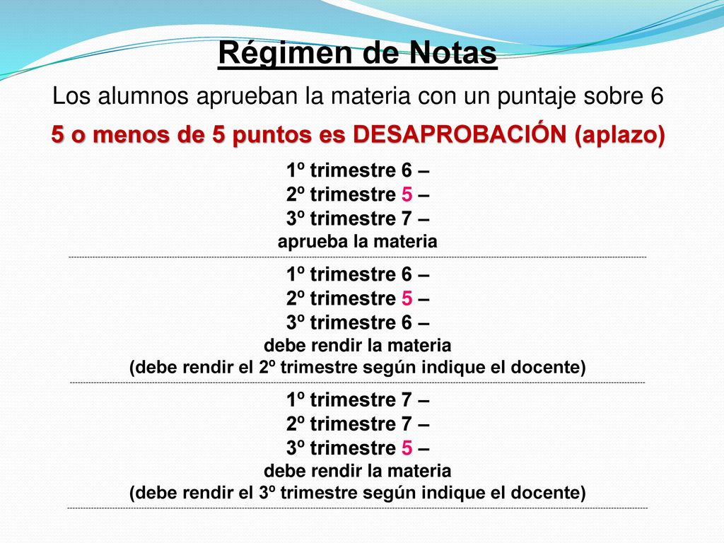 Régimen de Notas Los alumnos aprueban la materia con un puntaje sobre 6. 5 o menos de 5 puntos es DESAPROBACIÓN (aplazo)